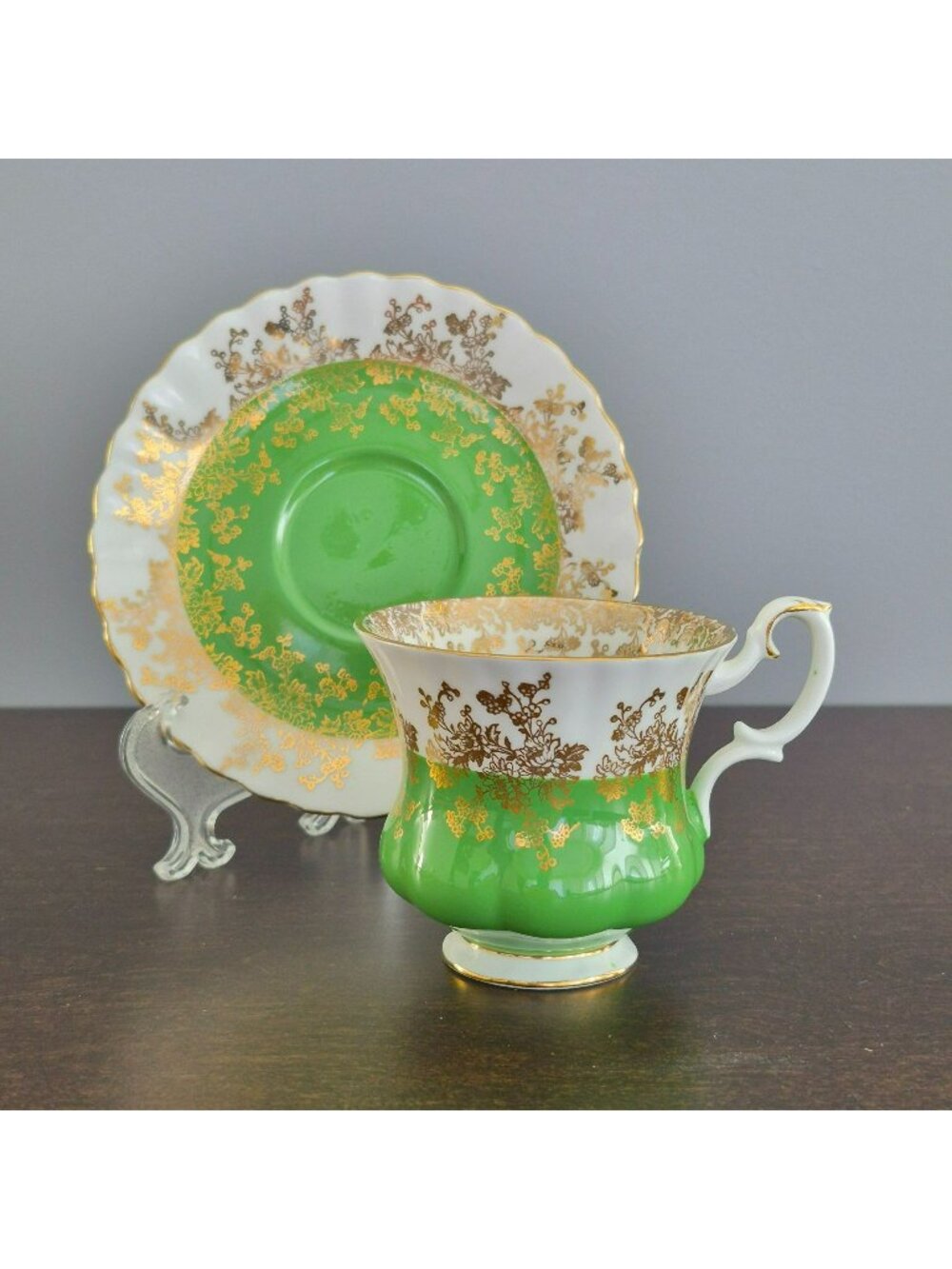 Royal Albert Regal Series Green & Gold Floral Demitasse Cup & Saucer, Elegant
